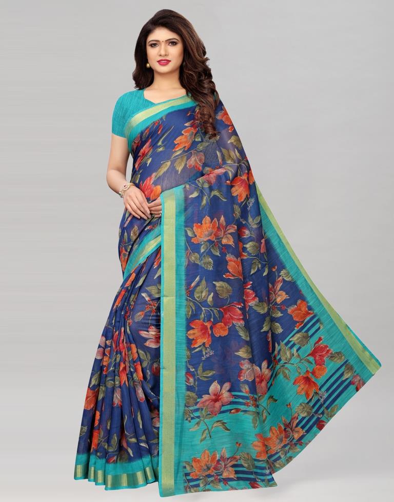 Navy Blue Printed Silk Saree