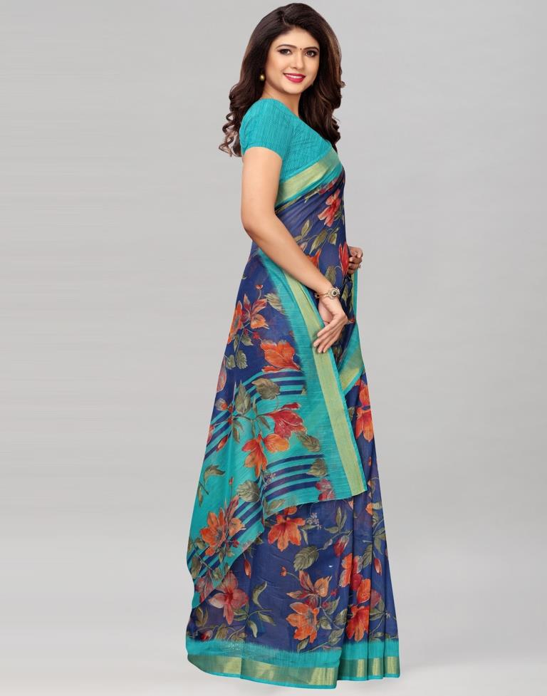 Navy Blue Printed Silk Saree