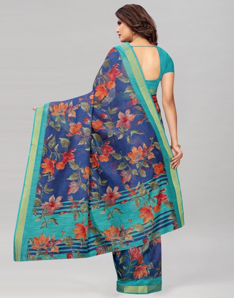 Navy Blue Printed Silk Saree