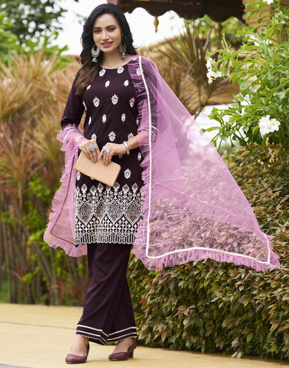 Wine Plain Chinnon Straight Kurta With Pant And Dupatta