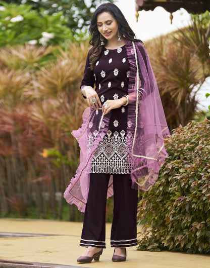 Wine Plain Chinnon Straight Kurta With Pant And Dupatta