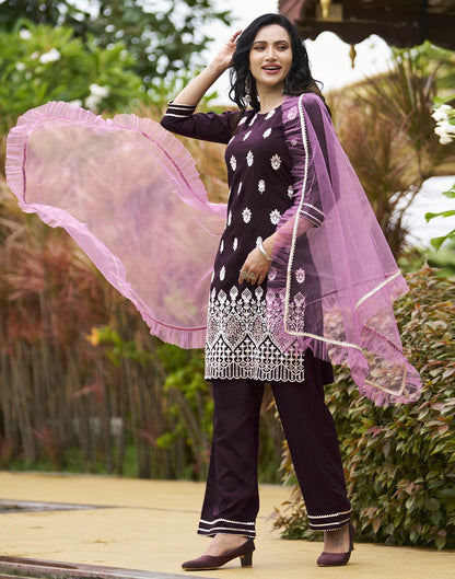 Wine Plain Chinnon Straight Kurta With Pant And Dupatta