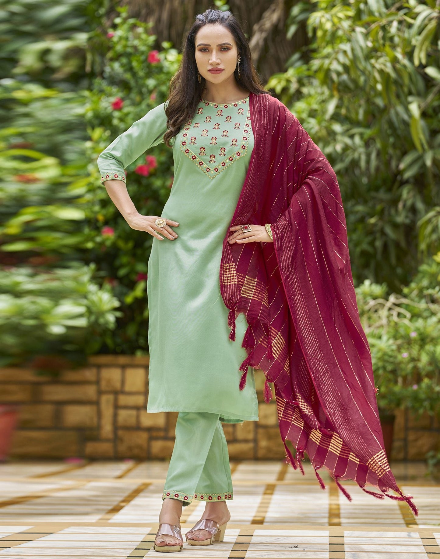 Pista Green Embroidery Silk Straight Kurta With Pant And Dupatta