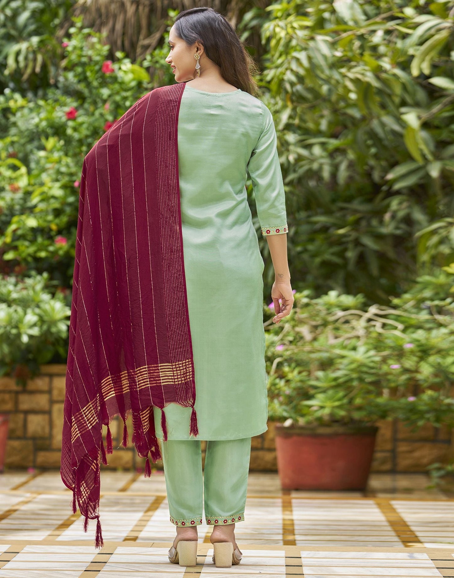 Pista Green Embroidery Silk Straight Kurta With Pant And Dupatta