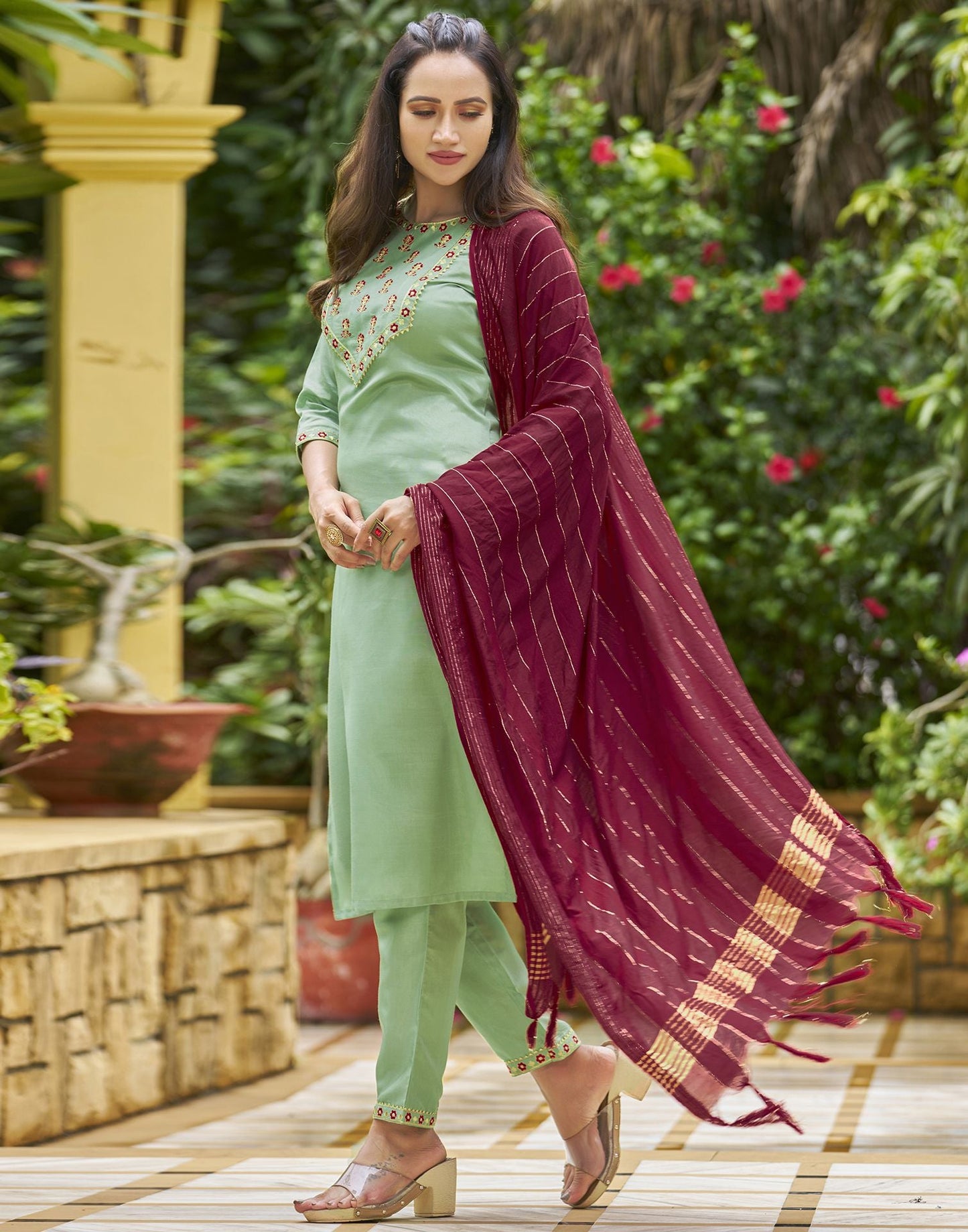 Pista Green Embroidery Silk Straight Kurta With Pant And Dupatta