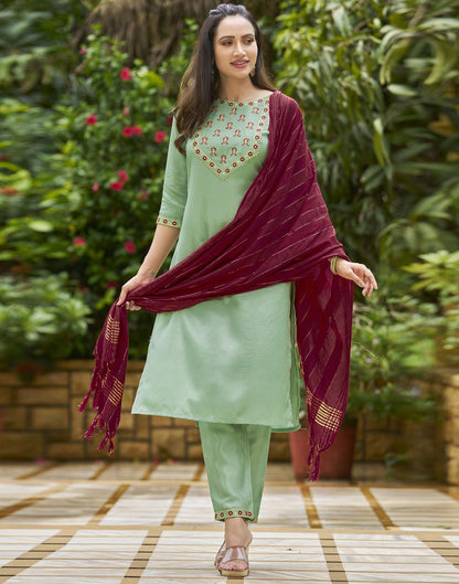 Pista Green Embroidery Silk Straight Kurta With Pant And Dupatta