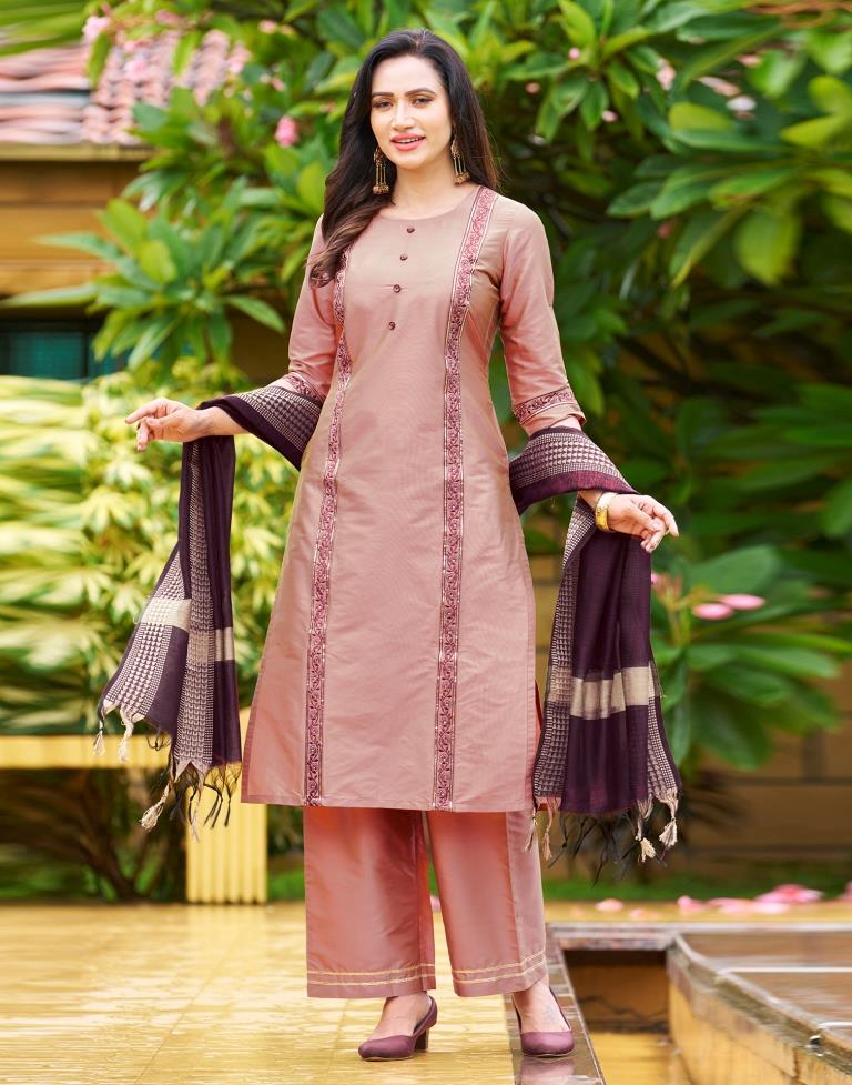 Peach Pink Plain Silk Straight Kurta Set With Dupatta