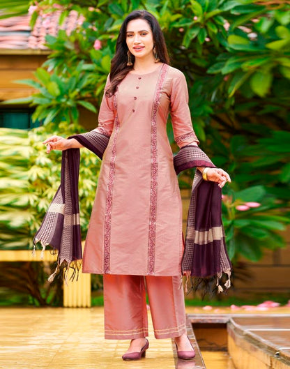 Peach Pink Plain Silk Straight Kurta Set With Dupatta