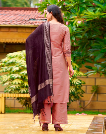 Peach Pink Plain Silk Straight Kurta Set With Dupatta