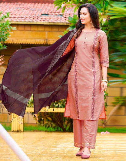 Peach Pink Plain Silk Straight Kurta Set With Dupatta