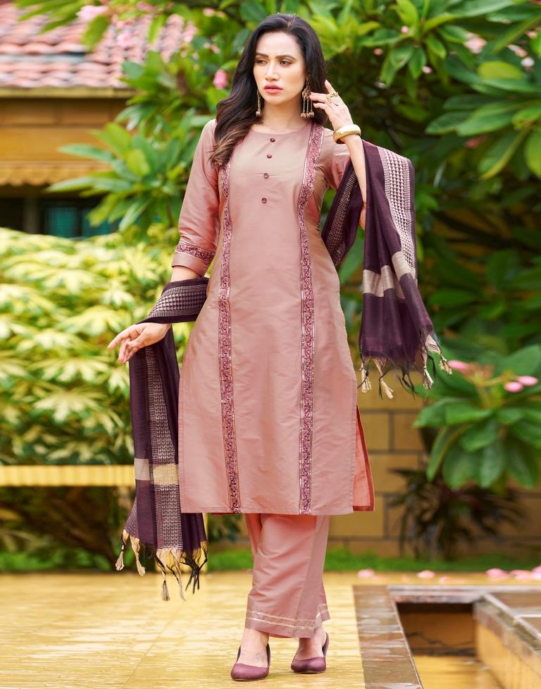 Peach Pink Plain Silk Straight Kurta Set With Dupatta