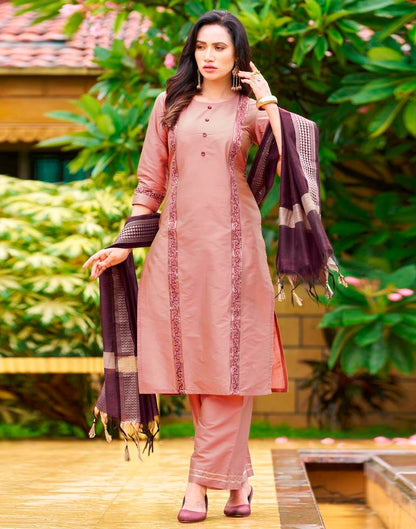 Peach Pink Plain Silk Straight Kurta Set With Dupatta