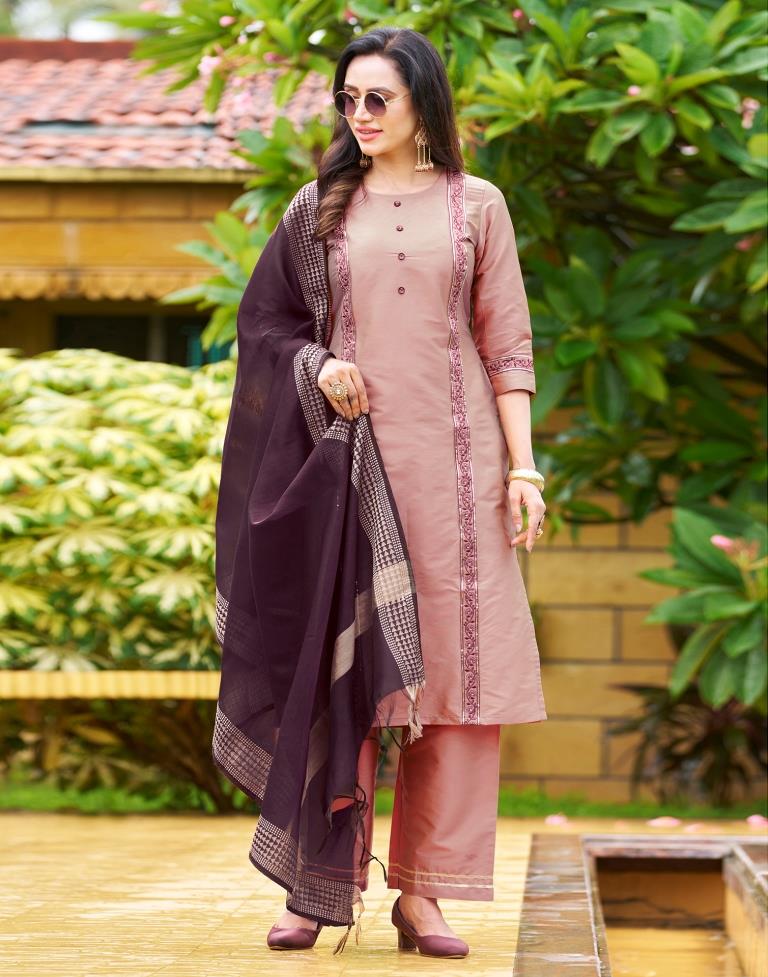 Peach Pink Plain Silk Straight Kurta Set With Dupatta