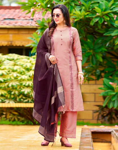 Peach Pink Plain Silk Straight Kurta Set With Dupatta