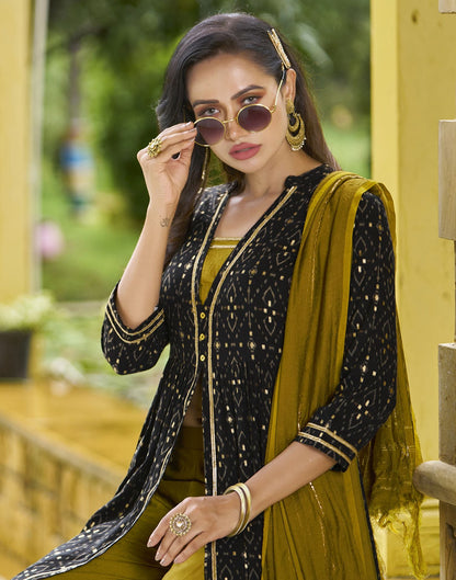 Black Printed Cotton A-Line Kurta With Pant And Dupatta