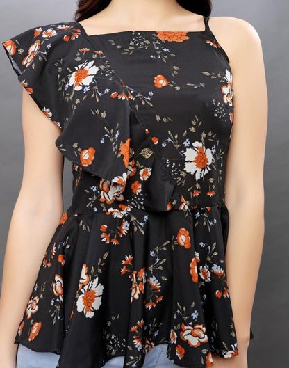 Distinctive Black Coloured Printed Crepe Tops | Sudathi