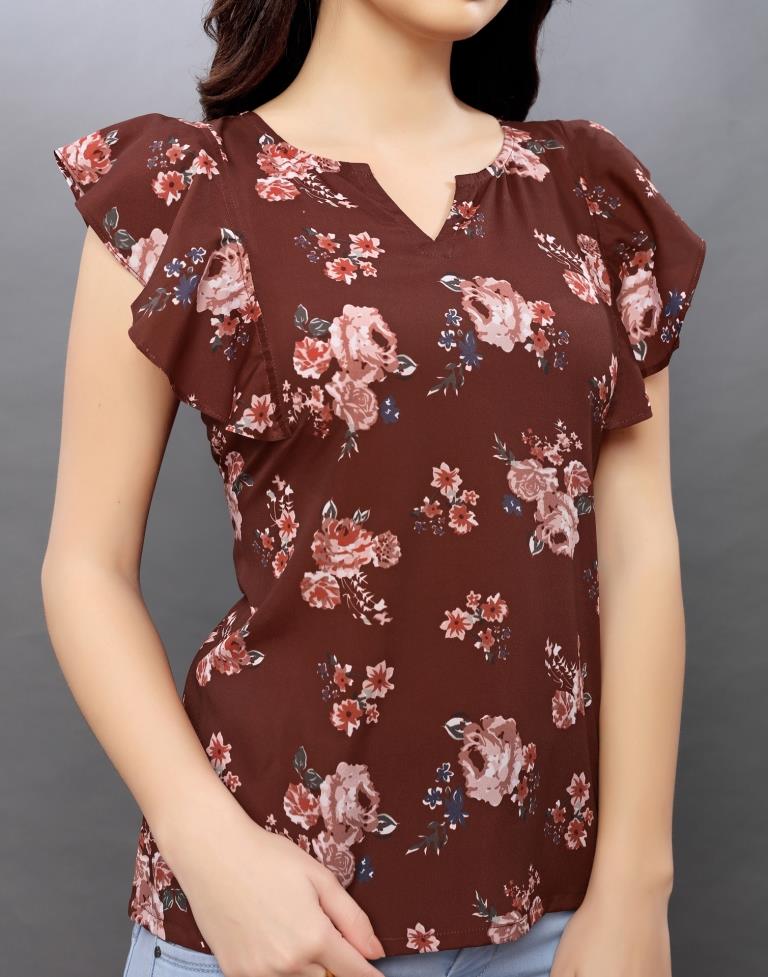 Engrossing Rust Coloured Printed Crepe Tops | Sudathi