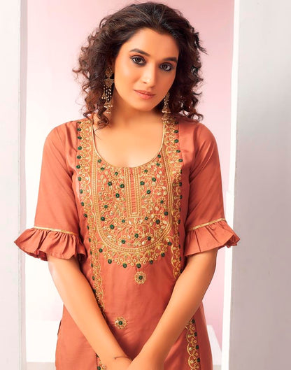 Light Brown Embroidery Rayon Straight Kurta With Pant And Dupatta