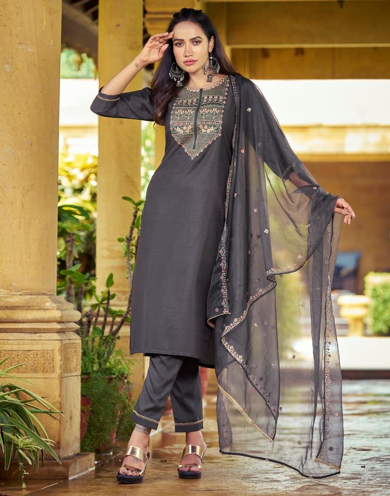 Grey Embroidery Silk Straight kurta With Pant And Dupatta