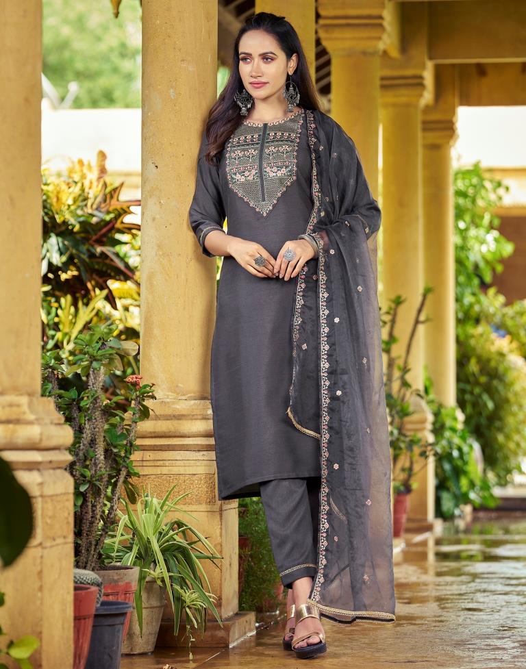 Grey Embroidery Silk Straight kurta With Pant And Dupatta