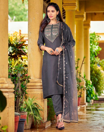 Grey Embroidery Silk Straight kurta With Pant And Dupatta