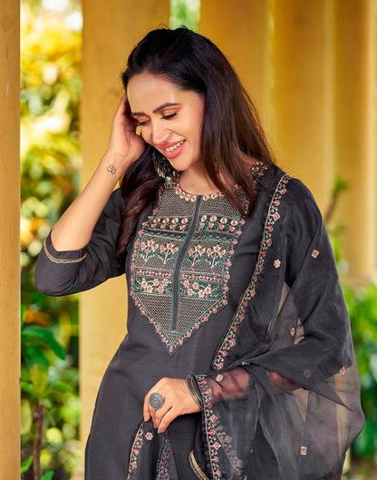 Grey Embroidery Silk Straight kurta With Pant And Dupatta