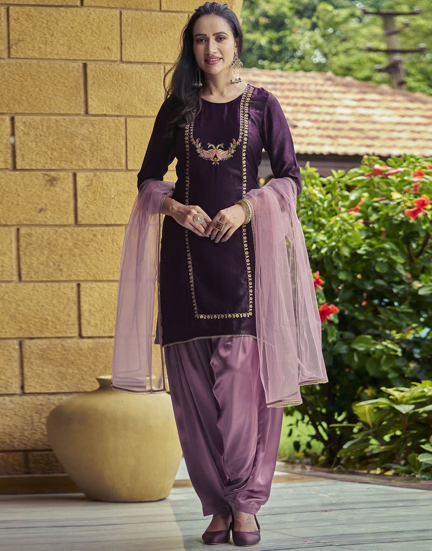 Wine Plain Velvet Straight Kurta With Pant And Dupatta