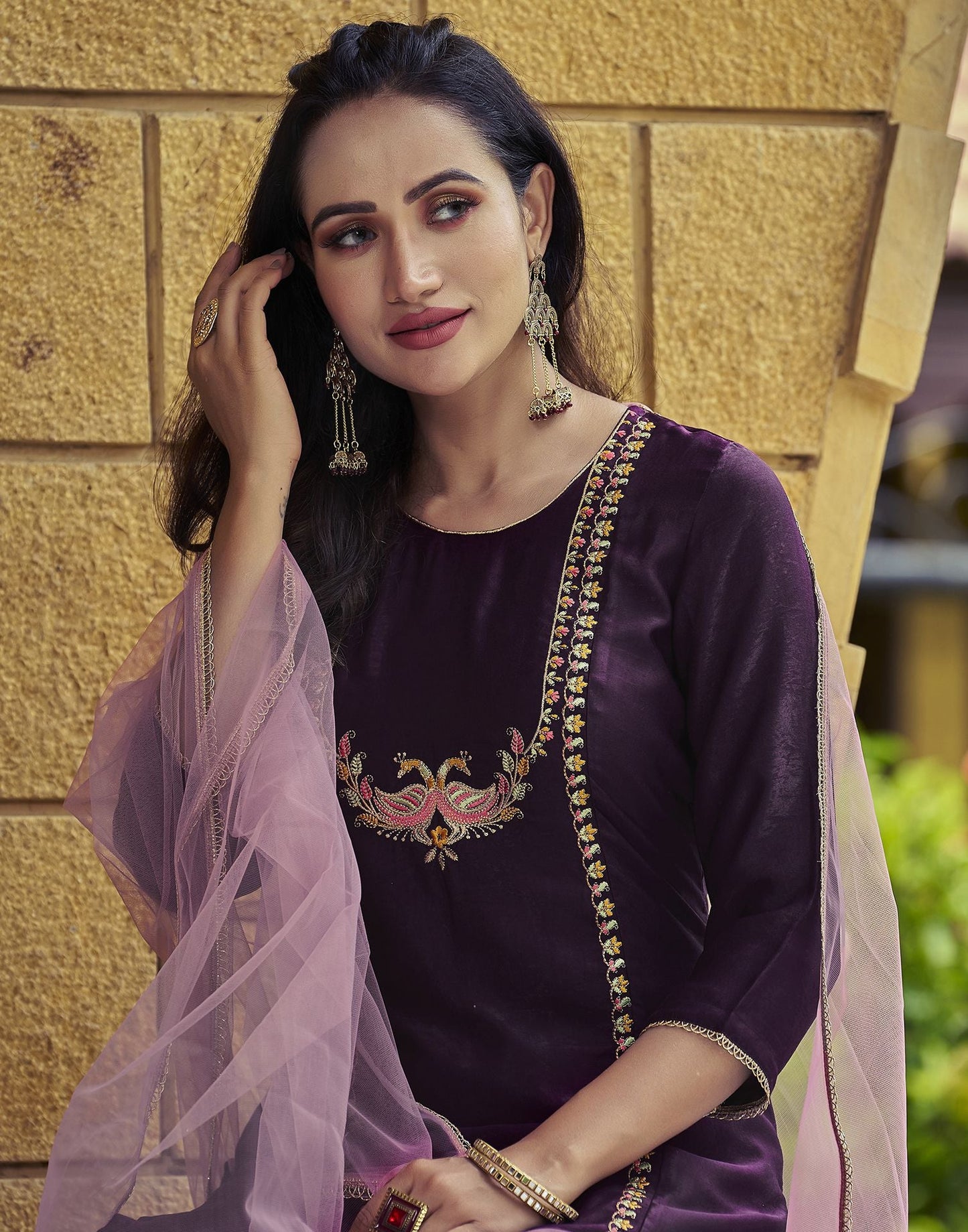 Wine Plain Velvet Straight Kurta With Pant And Dupatta