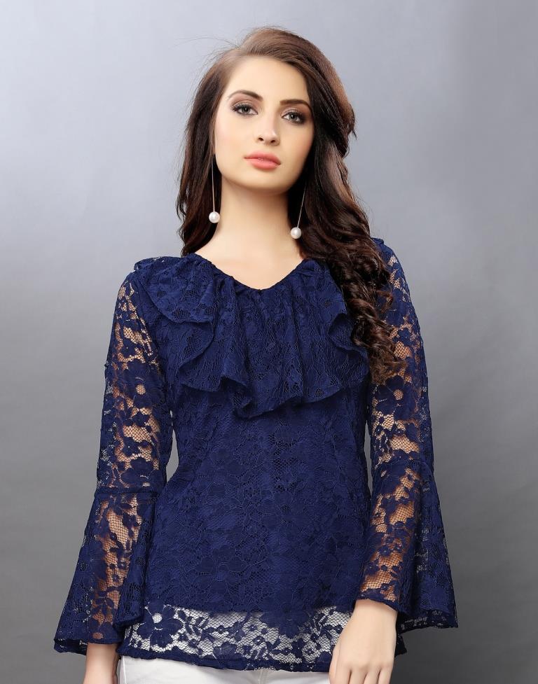 Astounding Navy Blue Coloured Net Russell Net Tops | Sudathi