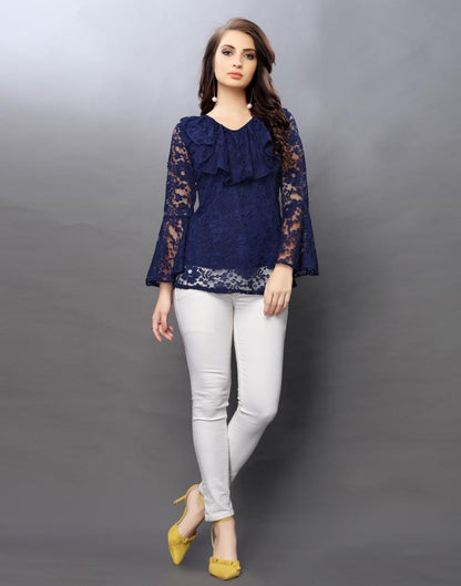 Astounding Navy Blue Coloured Net Russell Net Tops | Sudathi