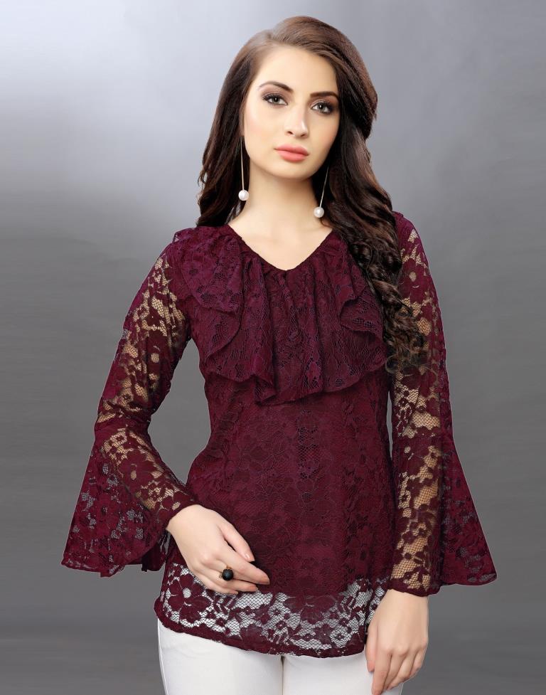 Beguiling Maroon Coloured Net Russell Net Tops | Sudathi