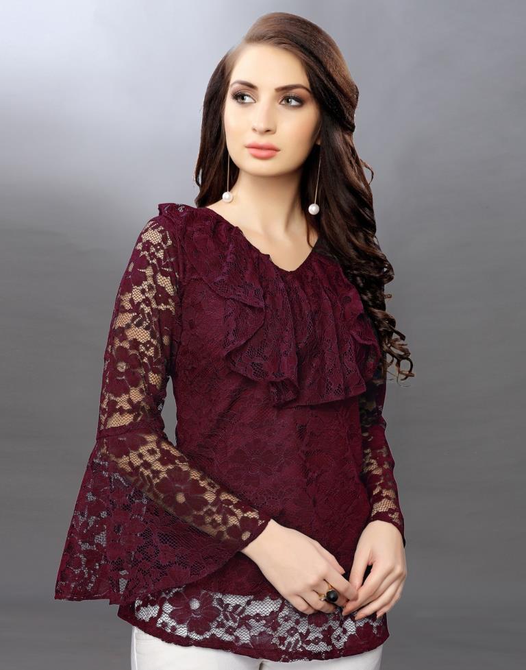 Beguiling Maroon Coloured Net Russell Net Tops | Sudathi
