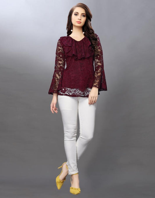 Beguiling Maroon Coloured Net Russell Net Tops | Sudathi