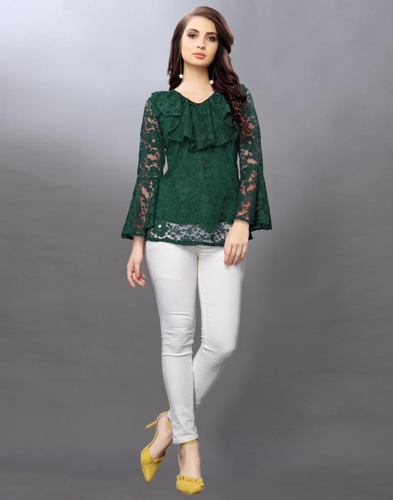 Alluring Green Coloured Net Russell Net Tops | Sudathi