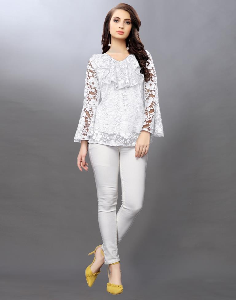 Alluring White Coloured Net Russell Net Tops | Sudathi