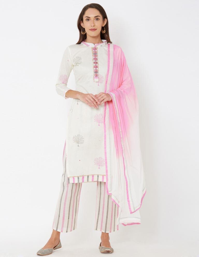 Off White Cotton Embroidered Unstitched Salwar Suit | Sudathi