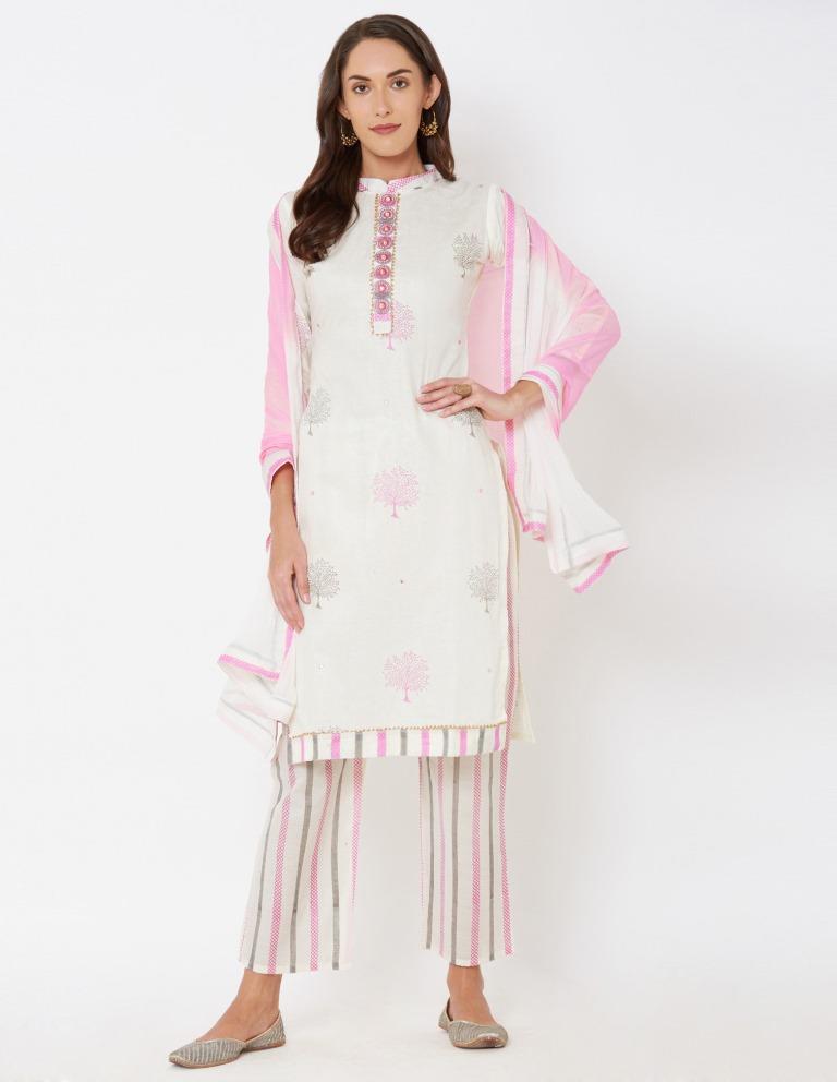 Off White Cotton Embroidered Unstitched Salwar Suit | Sudathi