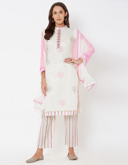 Off White Cotton Embroidered Unstitched Salwar Suit | Sudathi