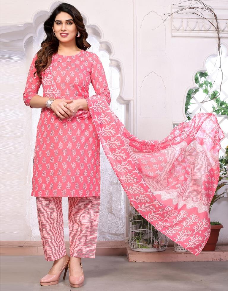 Pink Printed Kurta With Pant And Dupatta