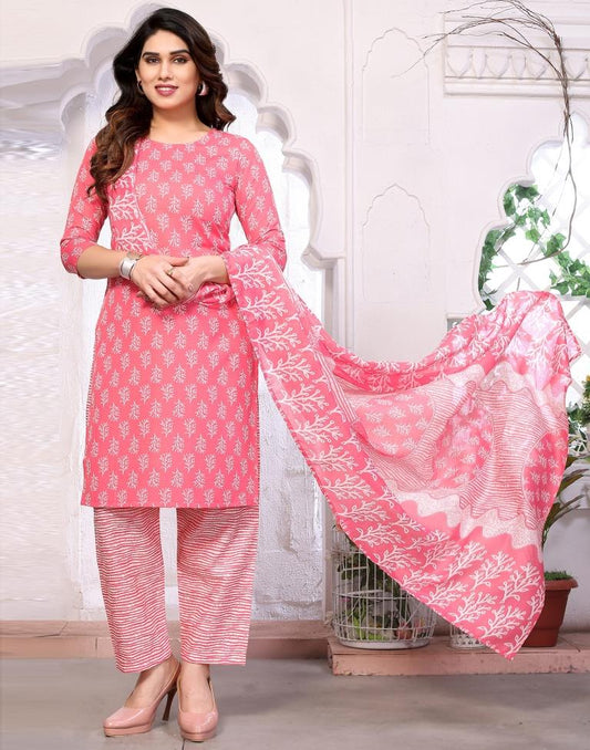 Pink Printed Kurta With Pant And Dupatta