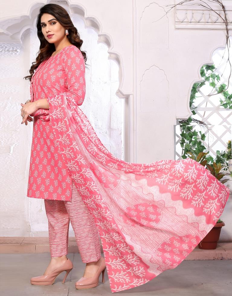 Pink Printed Kurta With Pant And Dupatta