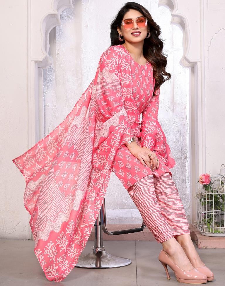 Pink Printed Kurta With Pant And Dupatta