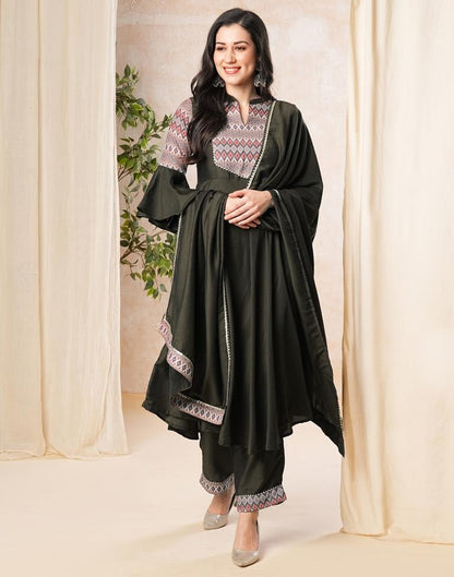 Dark Olive Green Plain Muslin Flared Kurta Set with Dupatta