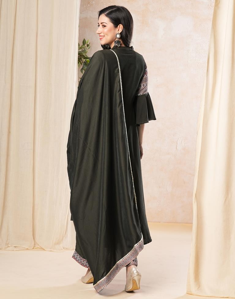 Dark Olive Green Plain Muslin Flared Kurta Set with Dupatta