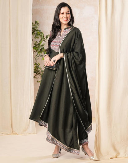 Dark Olive Green Plain Muslin Flared Kurta Set with Dupatta