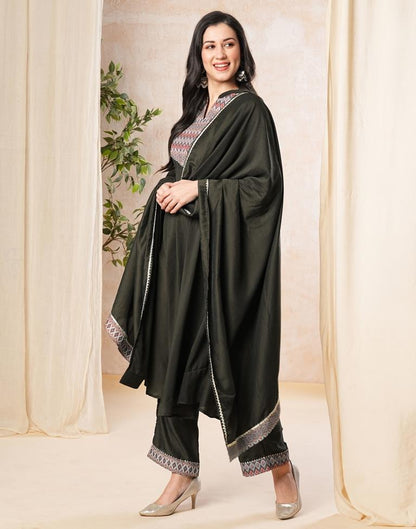 Dark Olive Green Plain Muslin Flared Kurta Set with Dupatta