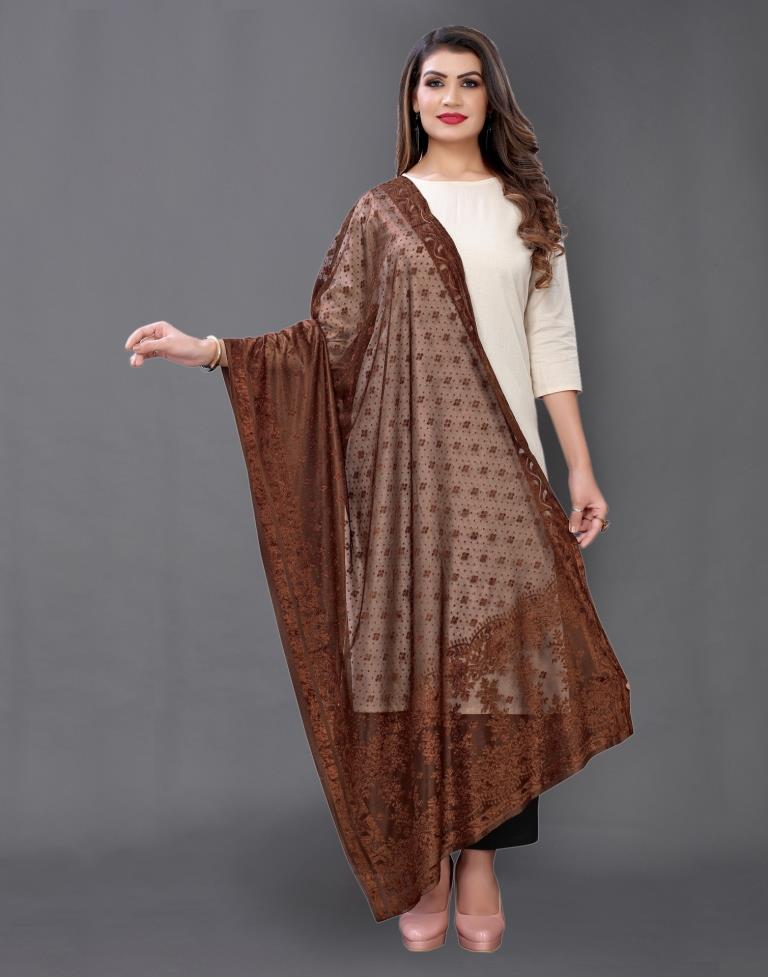 Brown Coloured Lycra Terry Jacquard Dupatta | Sudathi