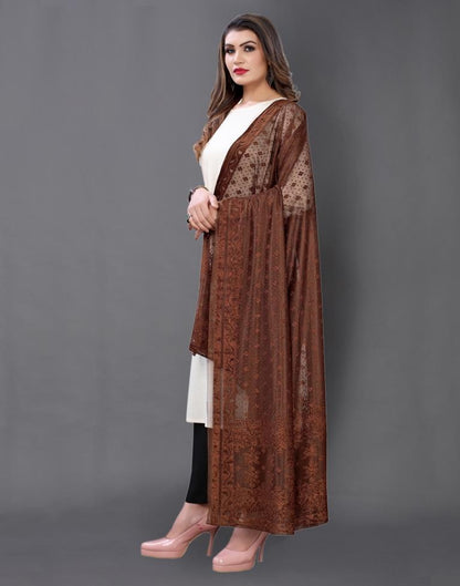 Brown Coloured Lycra Terry Jacquard Dupatta | Sudathi