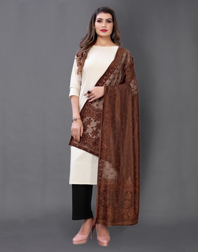 Brown Coloured Lycra Terry Jacquard Dupatta | Sudathi