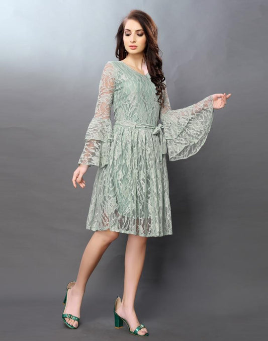 Sensuous Aqua Green Coloured Net Russell Net Dress | Sudathi
